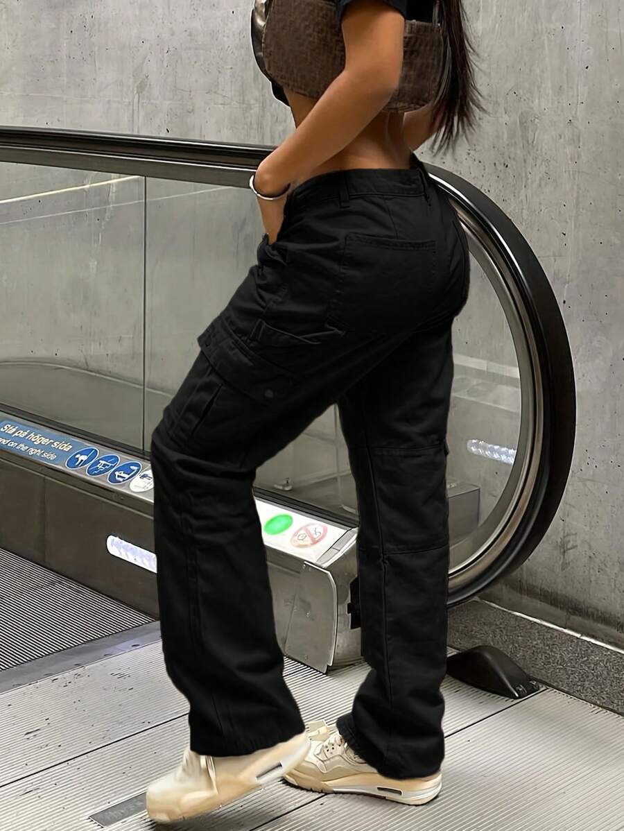 Women's Solid Color Cargo Pocket Straight Leg Casual Loose Pants