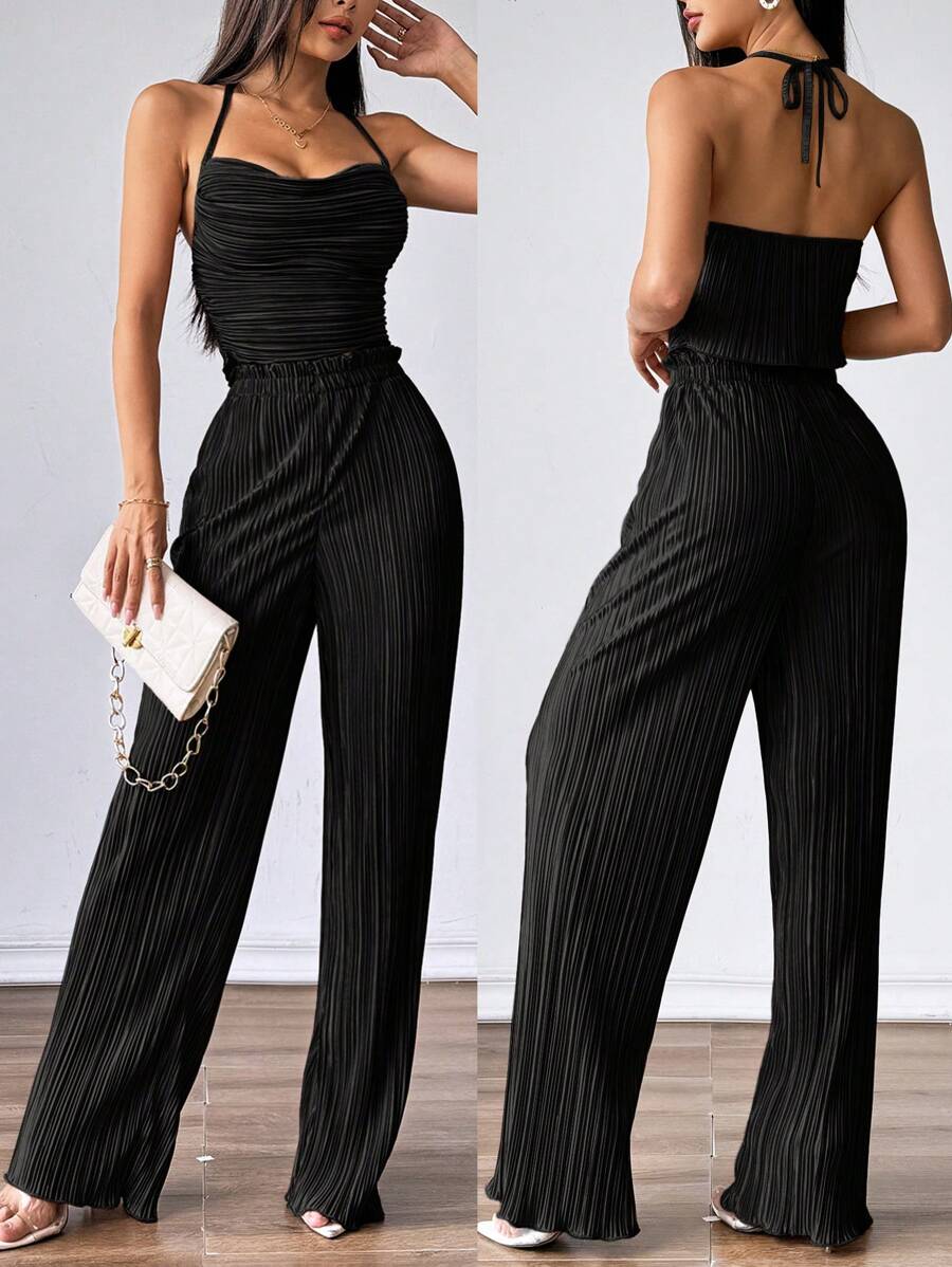 Firerie 2pcs Women Halter Neck Tie Up Camisole & Elastic Waist Pants Suit Set