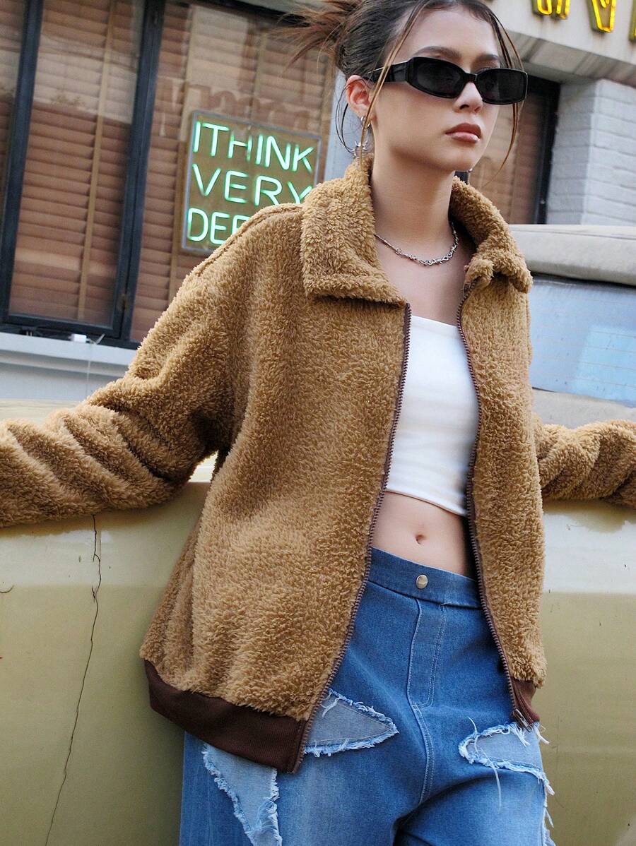 SHEIN Jaqueta de lã quente com zíper para adolescentes, outono/inverno