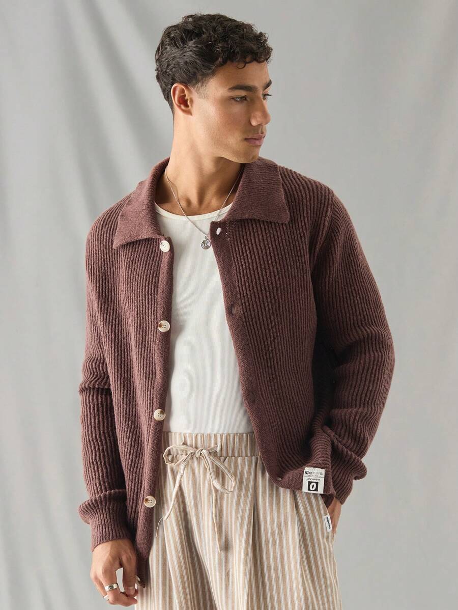 Manfinity VCAY Jersey de punto de manga larga con bolsillo y diseño suelto de parche, casual y de moda para hombres