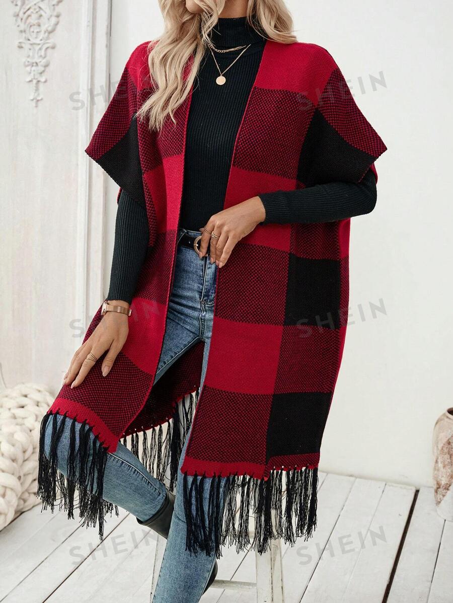 SHEIN LUNE Cárdigan con borlas y estampado de cuadros para mujeres, moda de otoño/invierno