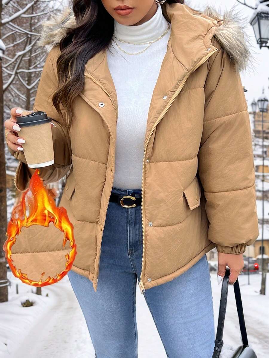 SHEIN Frenchy Plus Size Warm, Jacket, Winter Jacket, Winter Women's Clothing, Long Sleeve Jacket, Outer Wear, Versatile, Airport Wear, Front Zipper Long Sleeve Pockets Fluffy Patchwork Hood EDP Add-On Jacket