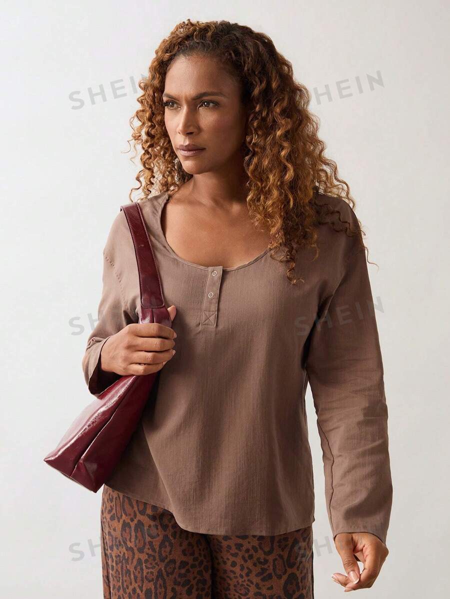 SHEIN Unity Blusa casual de cuello redondo de manga larga de unicolor para mujer, otoño