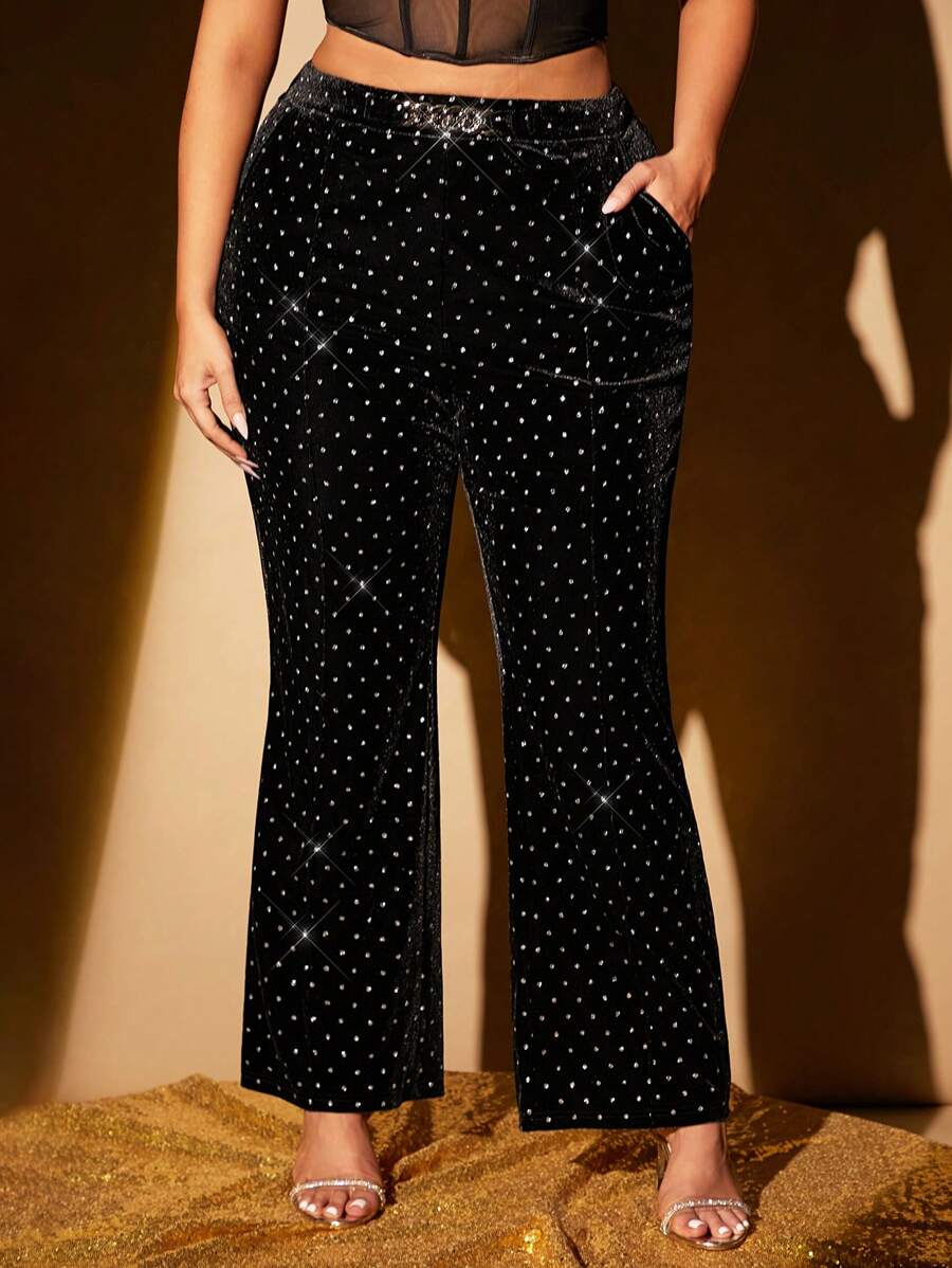 SHEIN SXY Plus Size Women Velvet Flare Pants With Pockets And Chain Decor, Suitable For Nightclub Party