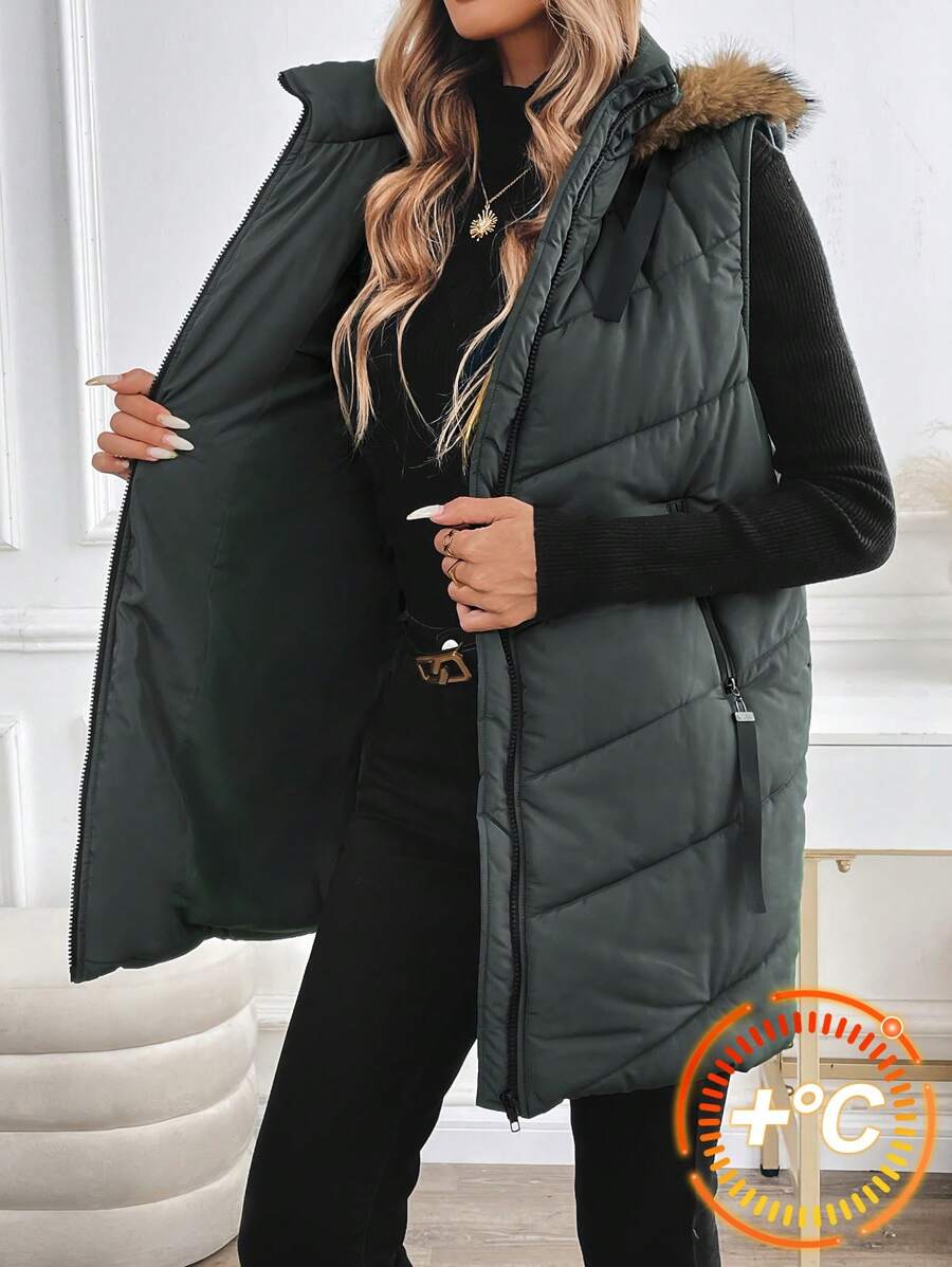 SHEIN Clasi Slant Pockets Sleeveless Argyle Quilted Vest Coat Hooded Warm For Autumn And Winter,Winter Clothes For Women,Winter Women Coat, Hooded