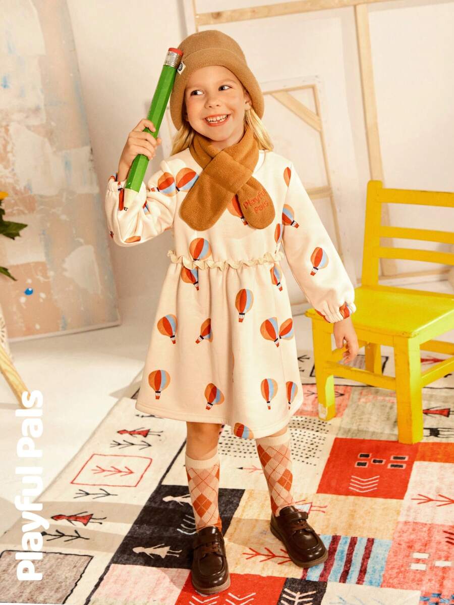 SHEIN 2 pezzi Vestito a linea A a maniche lunghe con sciarpa, cartone animato carino/retrò/casual/adatto per il ritorno a scuola, adatto per la scuola e le attività all'aperto, primavera/autunno/inverno
