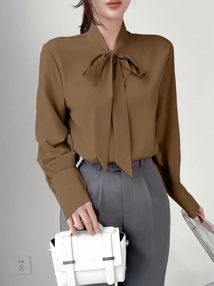 SHEIN Unity Elegant Knot Collar Long Sleeve Casual Blouse, Autumn
