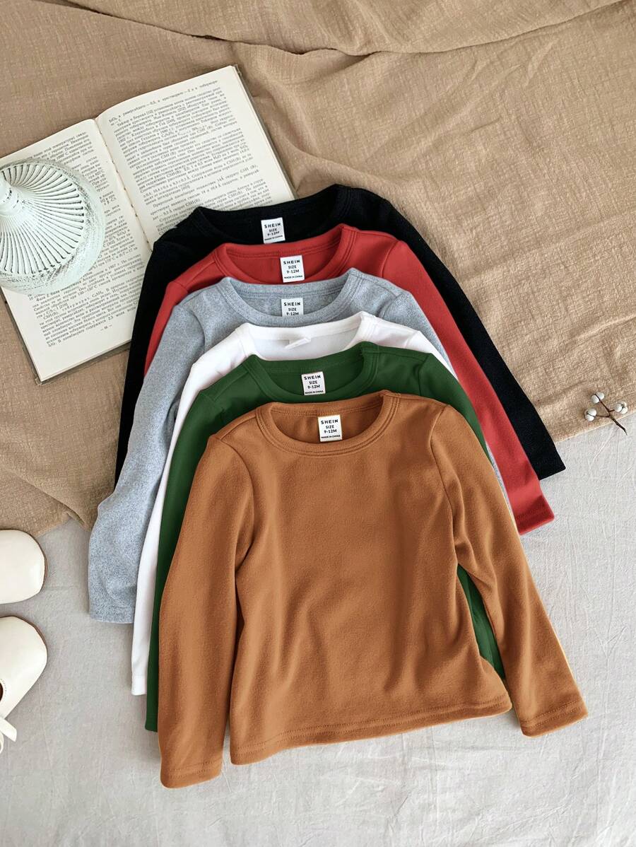 SHEIN LMoss Kids Paquete múltiple de tops de punto de manga larga de unicolor de moda para bebé niña, otoño/invierno