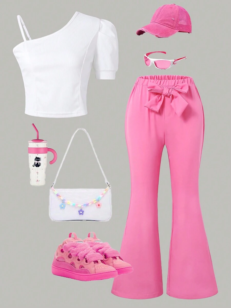 Conjunto de blusa e calças largas com decote assimétrico estiloso para meninas 2024
