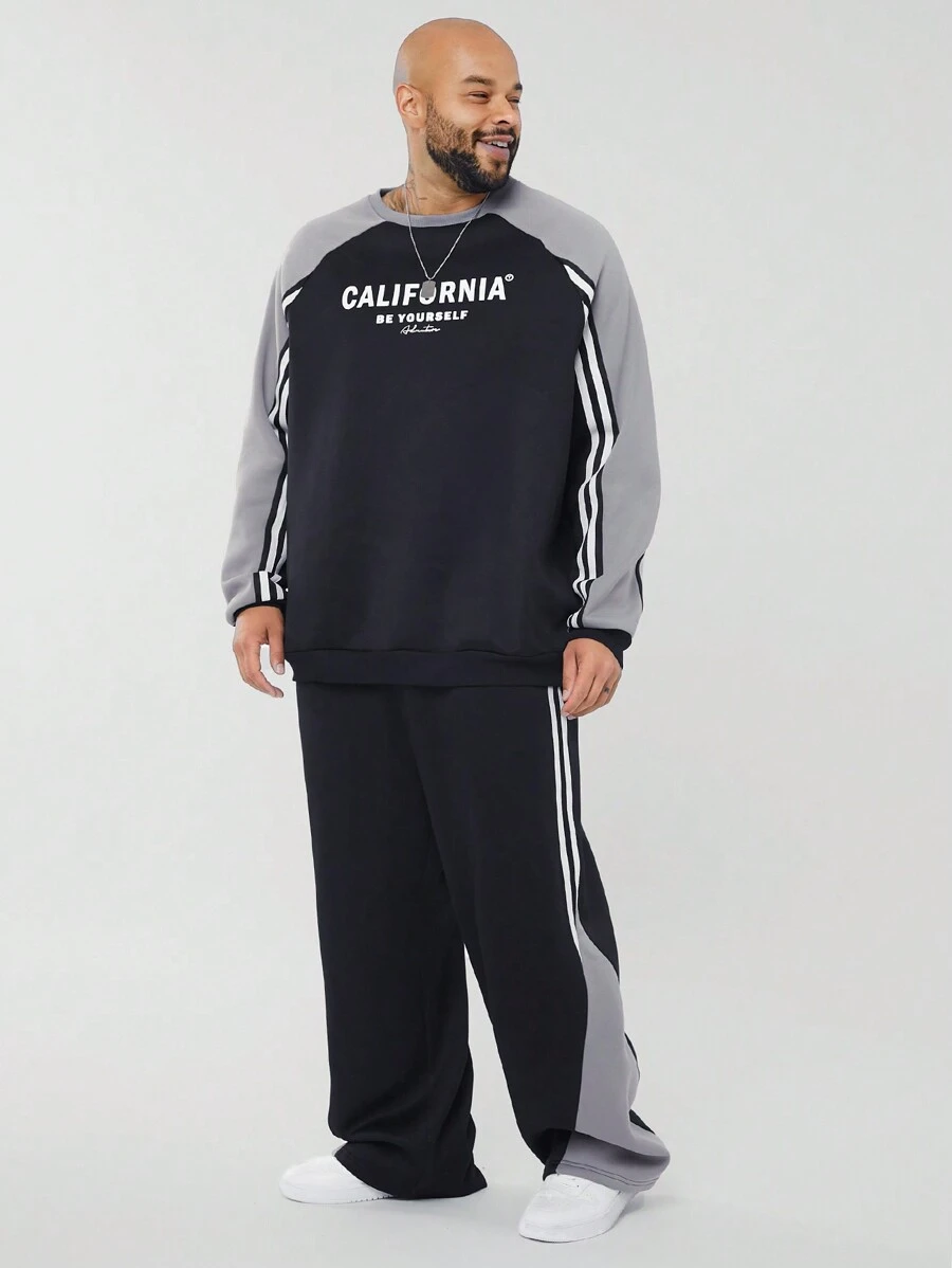 Manfinity NXTstreet Conjunto de sudadera holgada con gráfico de letras y pantalón de punto para hombres de talla grande