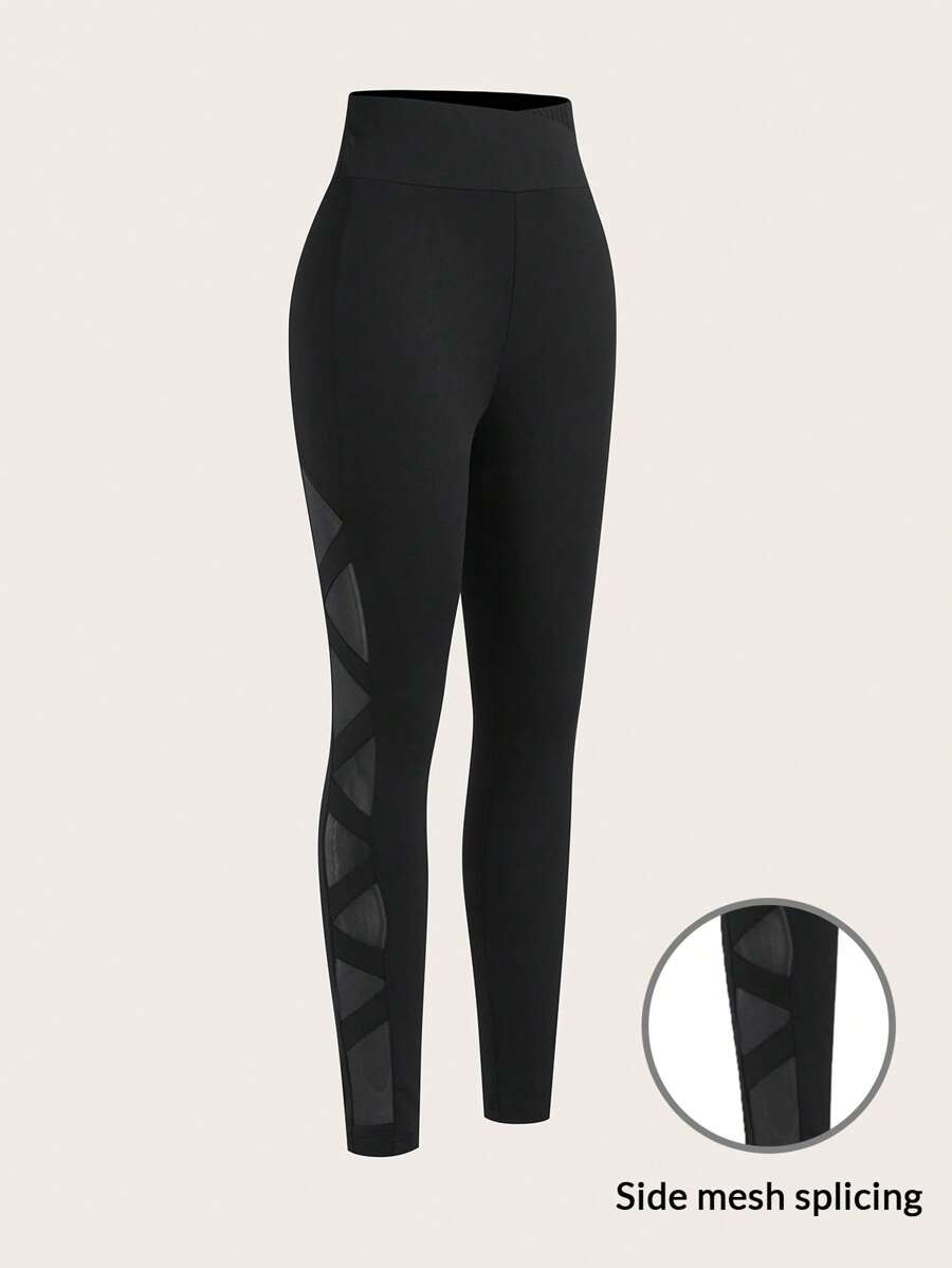 SHEIN EZwear Mallas casuales de cintura alta de unicolor con contraste de malla para mujer