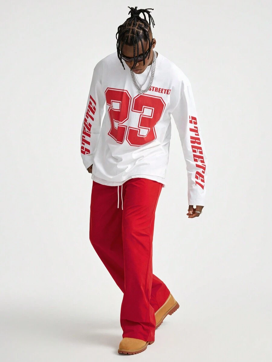 Manfinity VCAY Conjunto casual de camiseta de manga larga con cuello redondo y estampado de letras, y pantalones para hombre, otoño