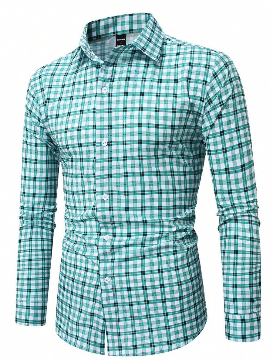 Manfinity EMRG Men's Casual Plaid Front Button Long Sleeve Shirt, Suitable For Autumn