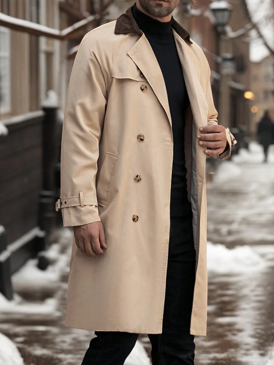 Manfinity Homme Abrigo de gabardina informal de doble botonadura con cuello de contraste para hombre, primavera otoño