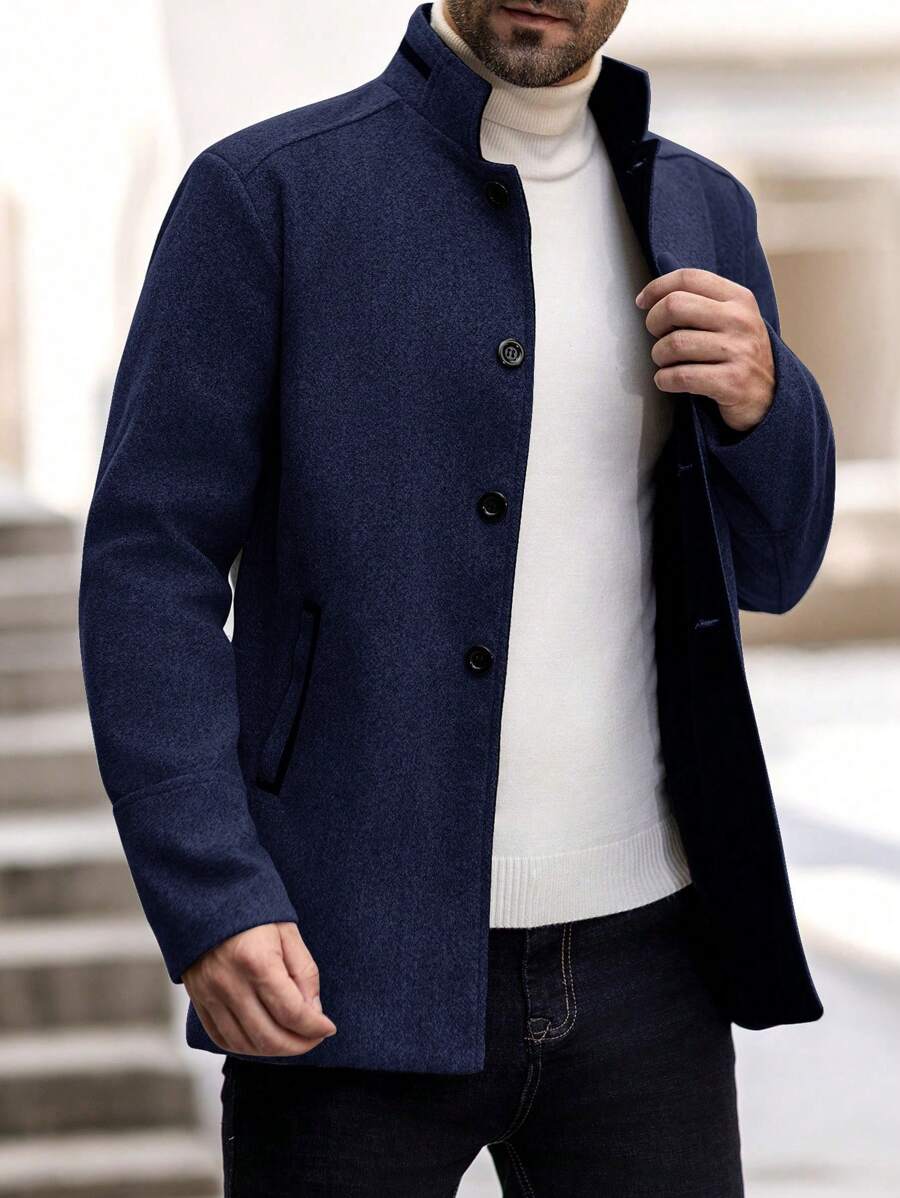 Manfinity Homme Chaqueta casual de cuello alto, abotonadura sencilla y manga larga para hombre para otoño/invierno, tipo abrigo marinero