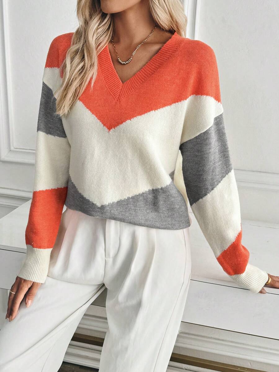 SHEIN LUNE Women's Color Block V-Neck Casual Pullover Sweater