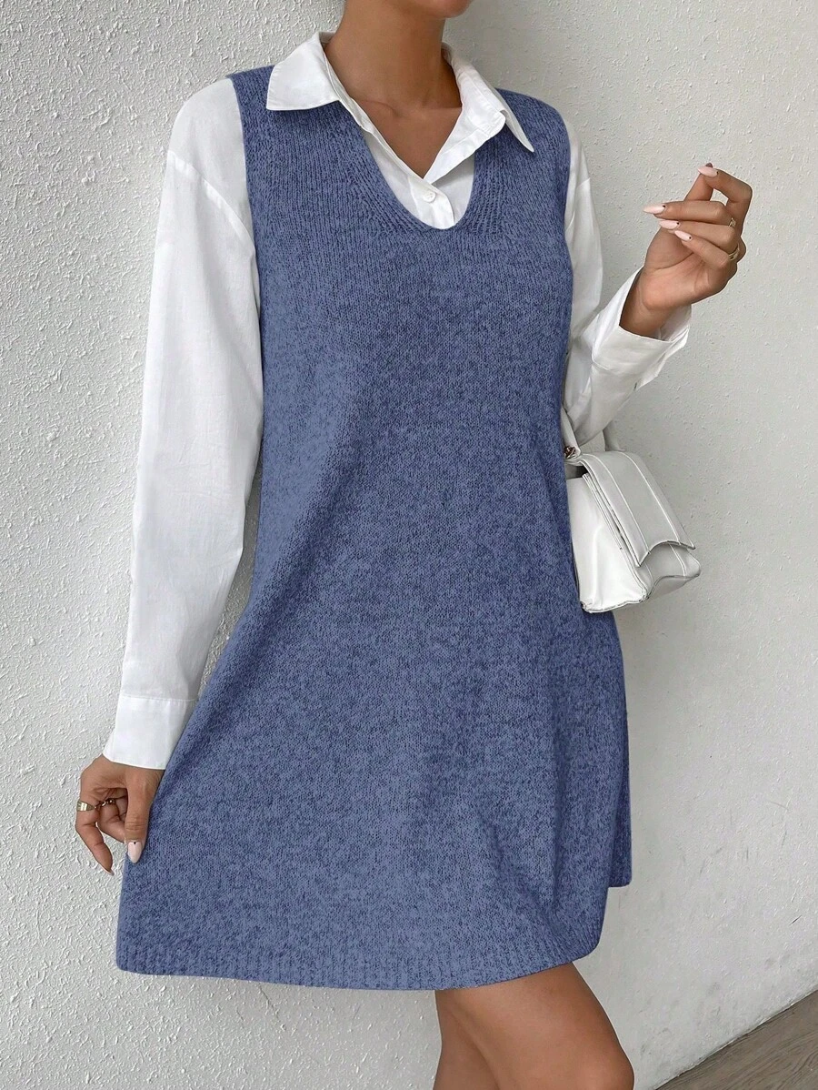 Calvaya Women V-Neck Knit Sweater Dress, Casual For Autumn/Winter