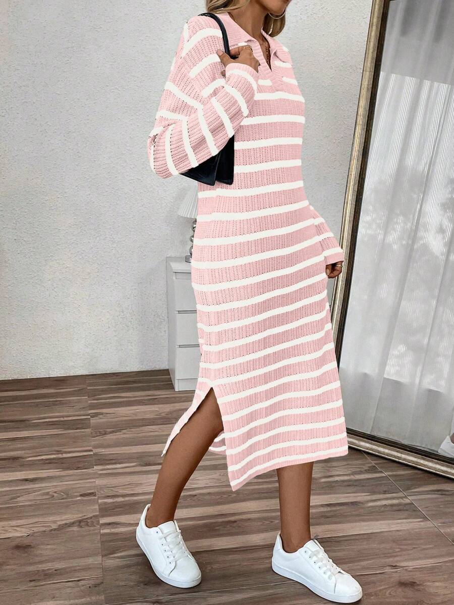 Chiquease Women's POLO Collar V-Neck Striped Low-Cut Casual Long Knit Sweater Dress