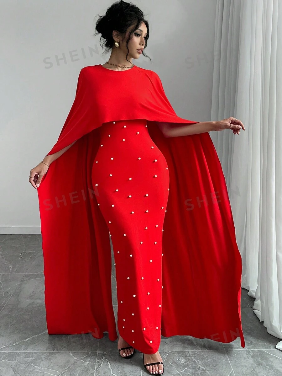 Rafferiza Vestido elegante y cómodo de punto con decoración de perlas para el Año Nuevo, ropa para mujer de largo maxi