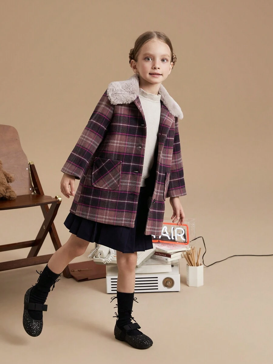 PrepCrw Geruite oversized enkelrijsjas voor jonge meisjes met pluizige kraag, losse pasvorm, voor herfst en winter, collegestijl