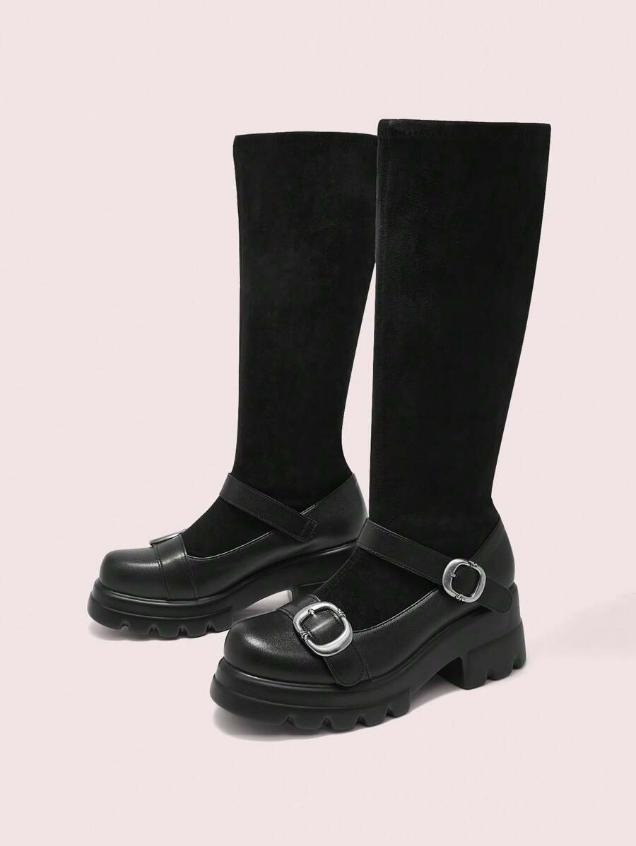 CUCCOO DOLLMOD Women Round Toe Platform Block Heel Black Suede Pu Patchwork Slip-On Knee High Boots