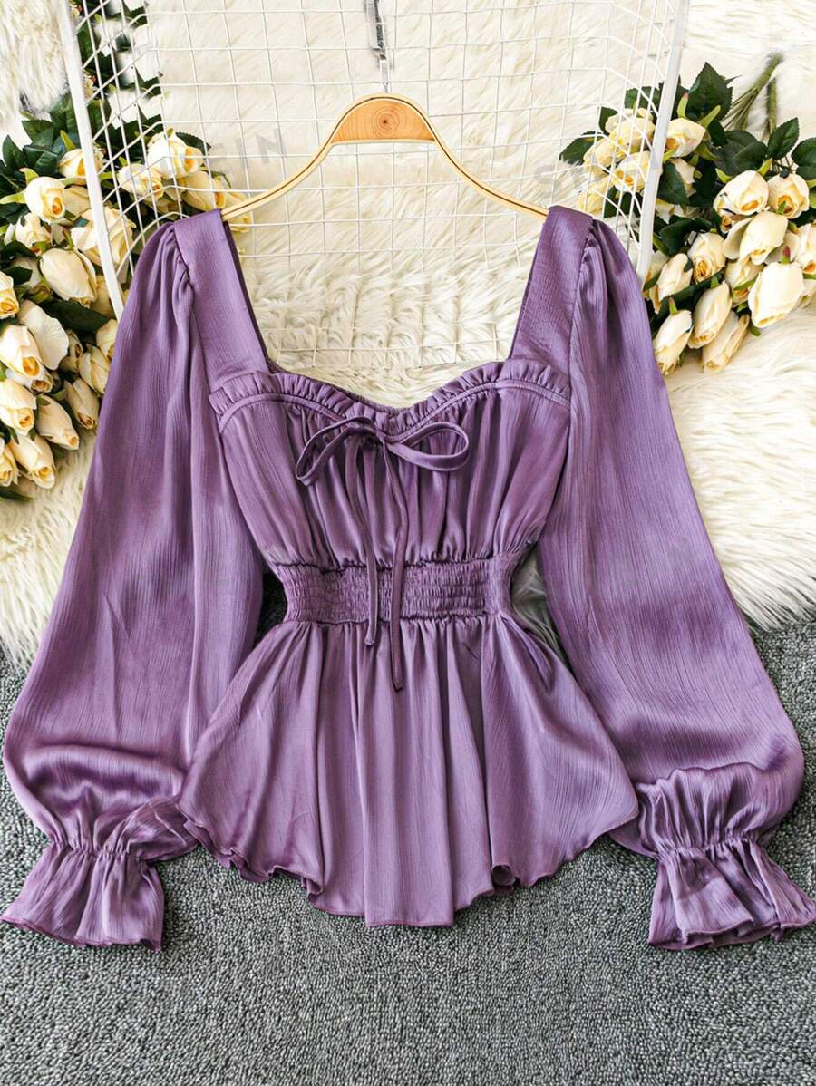 DreamSkyne Blusas de mujer talla grande de unicolor con cuello en forma de corazón, manga farol y cintura con volantes. Blusas con volantes para primavera/otoño