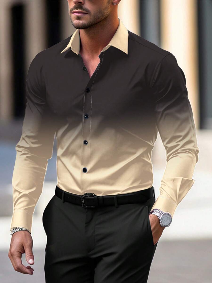 Manfinity Homme Camisa casual de negócios de manga longa com gradiente de cor para homens, outono