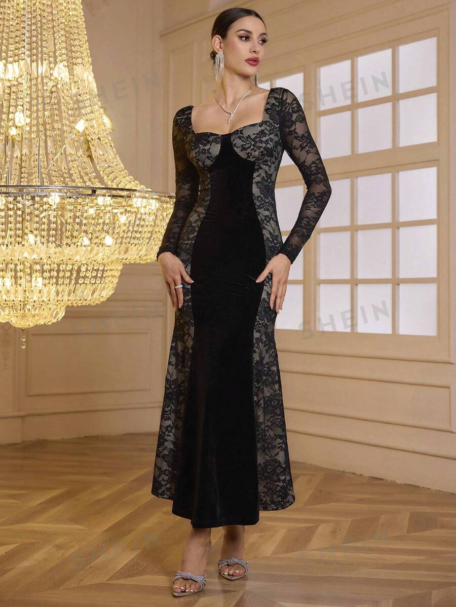 SHEIN Belle Vestido largo de encaje vintage ajustado a la cintura, elegante y delgado, adecuado para otoño e invierno, vestido formal de noche de manga larga en color negro para evento de graduación, cena o como invitada de boda