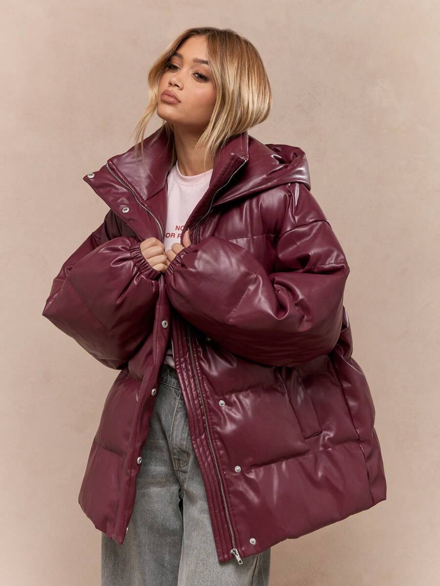 MISSGUIDED Oversized Winter Quilted Puffer Hooded Jacket Insulated Outerwear Faux Leather Waterproof Snow Coat Cold Weather Protection Warm Quilted Snow Coat