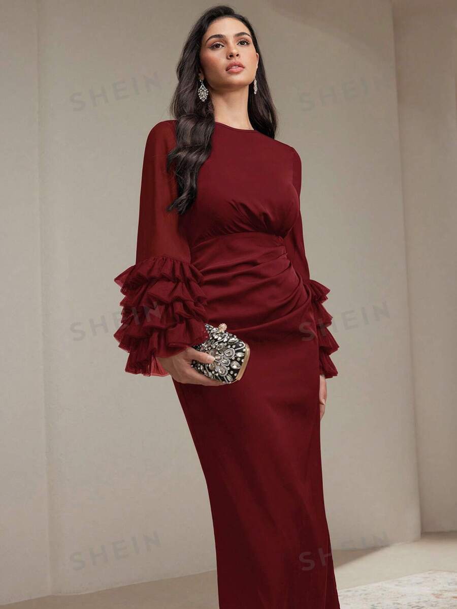 Veilorie Vestido elegante y recatado de unicolor para mujer con cuello redondo, mangas abombadas y bajo en forma de cola de pez