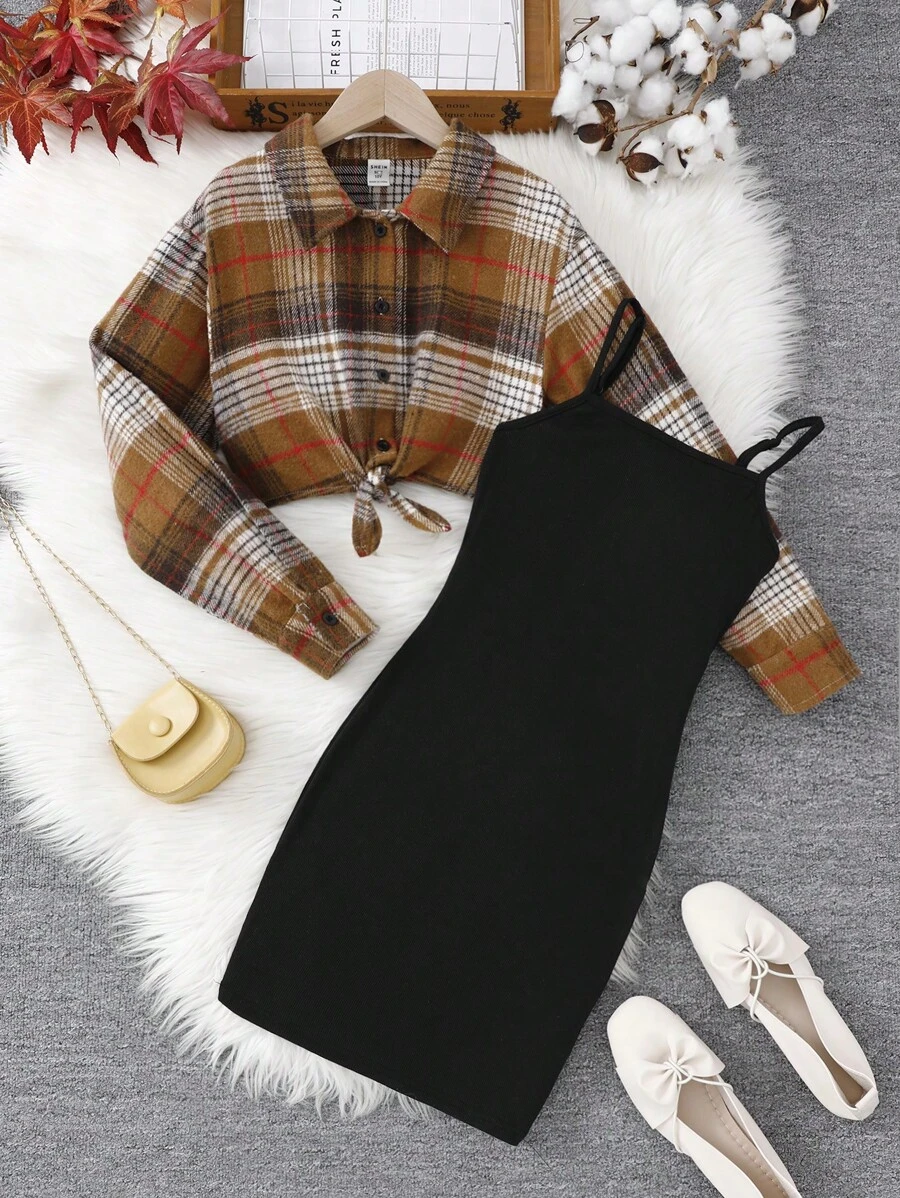 SHEIN Tween Girl Plaid Button-Up Shirt And Fitted Strap Dress 2pcs Set
