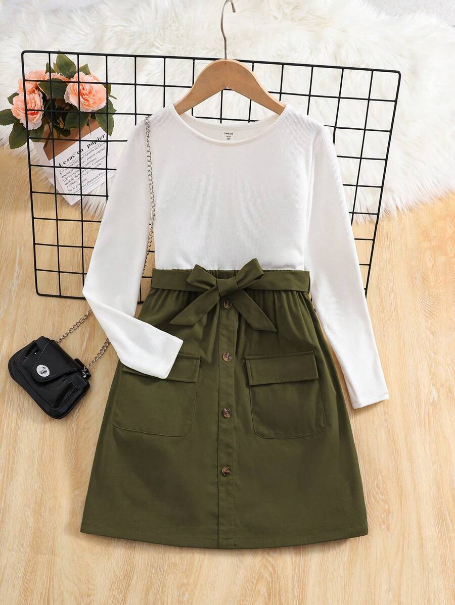 SHEIN Tween Girls Velvet Turtleneck Long Sleeve Patchwork Utility Half Dress, Fashionable Layered Bodycon Midi Dress For Winter