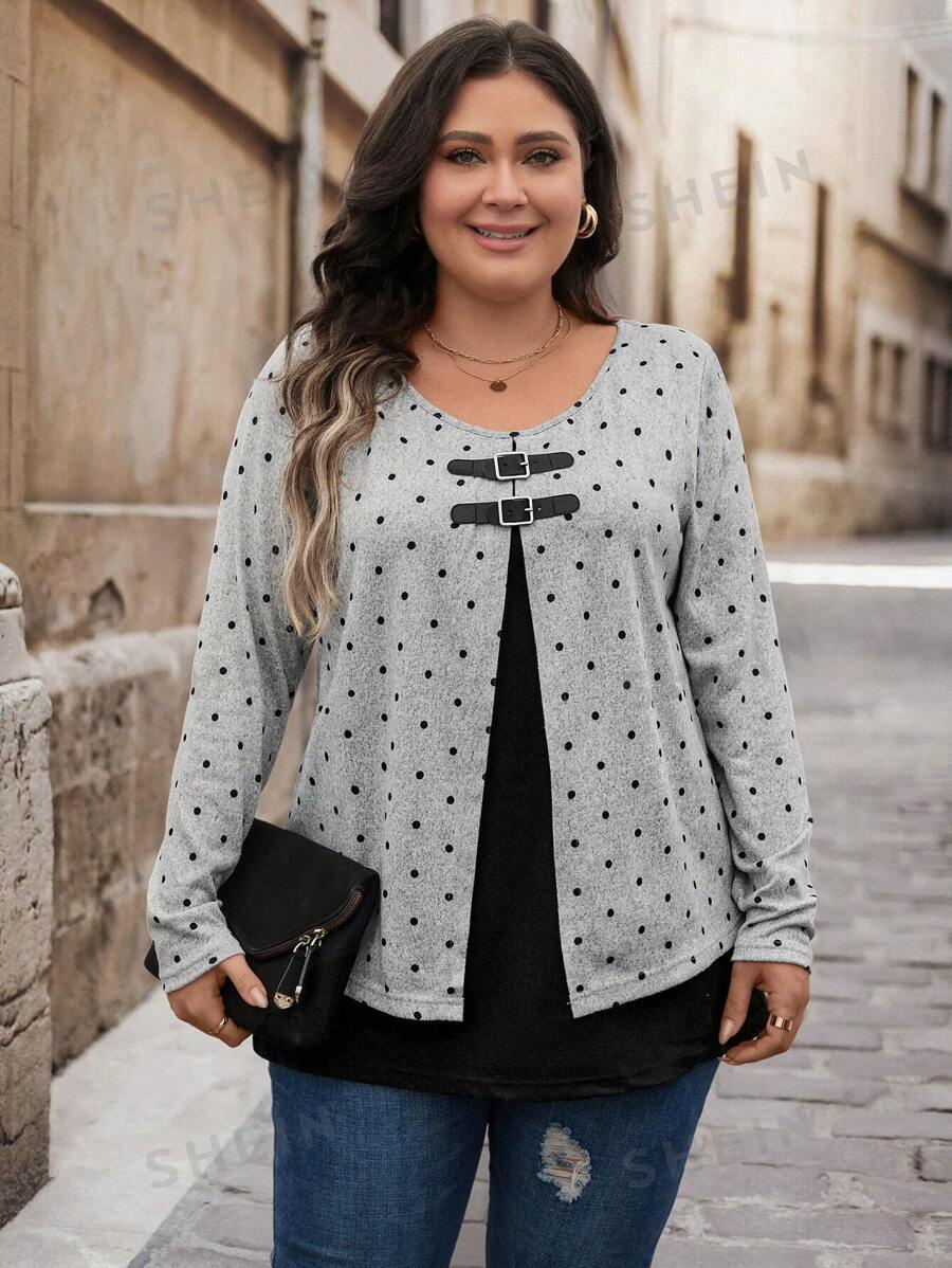 SHEIN LUNE Camiseta casual de manga larga con cuello redondo y botones con estampado de lunares para mujer de talla grande, ropa de otoño para tallas grandes
