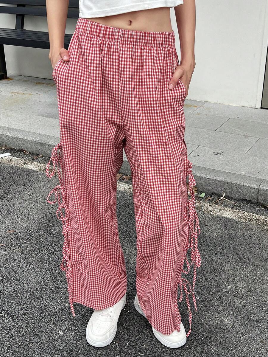 INAWLY Women's Elastic Waist Plaid Side Tie Loose Casual Wide Leg Pants