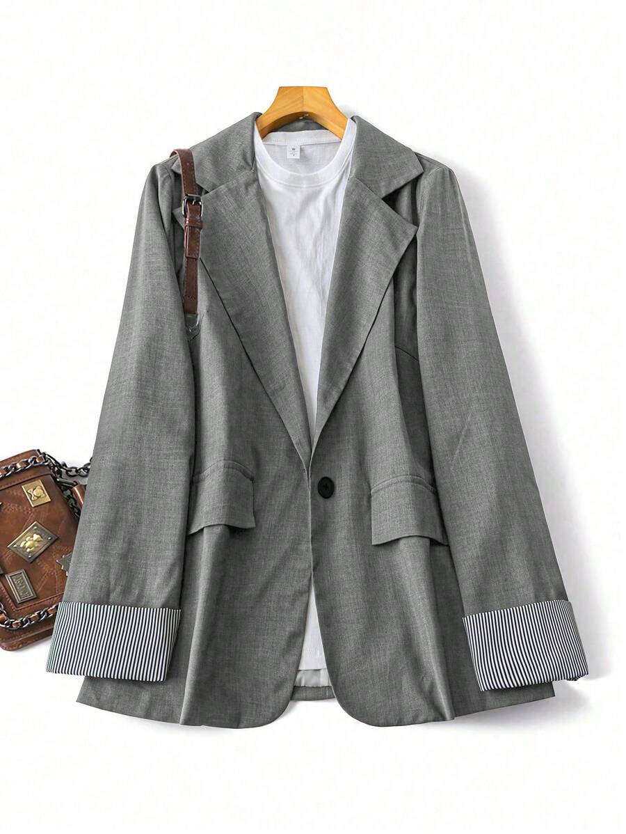 SHEIN LUNE Plus Size Women Striped Lapel Collar Long Sleeve Single Button Casual Blazer, Autumn