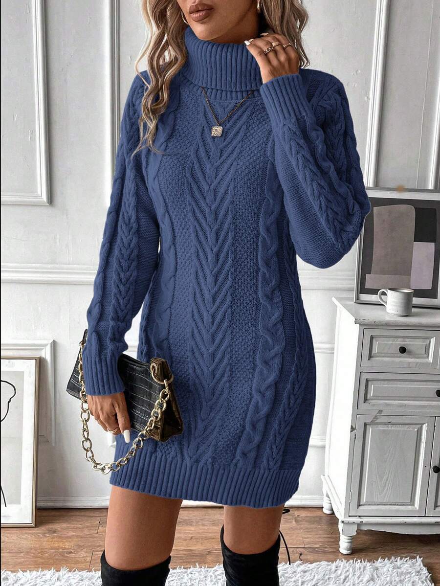 SHEIN LUNE Vestido de suéter de manga larga de punto con torsión de cuello alto de unicolor, de uso versátil