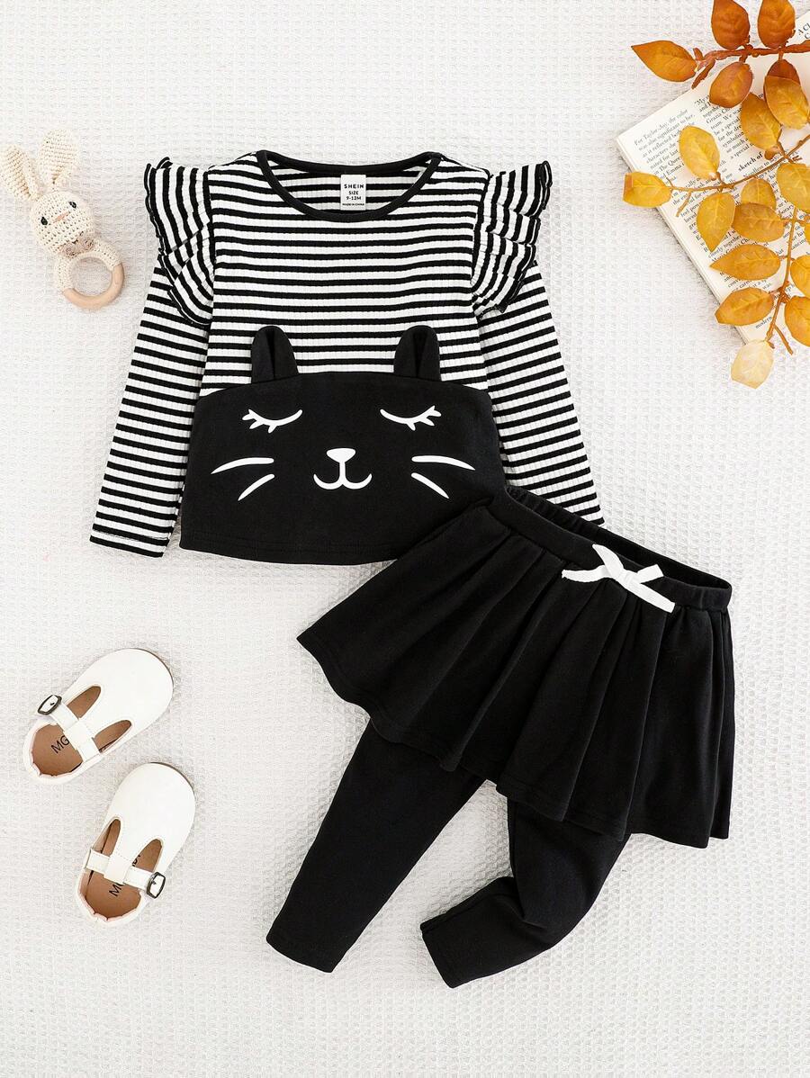 SHEIN 2 stuks/set babymeisje gebreide lange mouwen gestreepte patchwork effen kleur kattenprint ruche kraag top en effen kleur skort set, herfst/winter