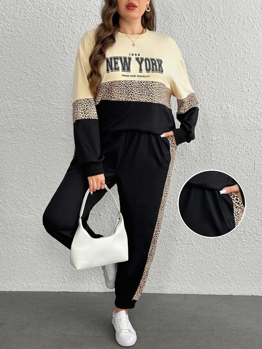 SHEIN LUNE 2 sztuki/zestaw Okrągły dekolt Długi rękaw Gładki Patchwork Nadruk liter Minimalistyczny zestaw topów i spodni