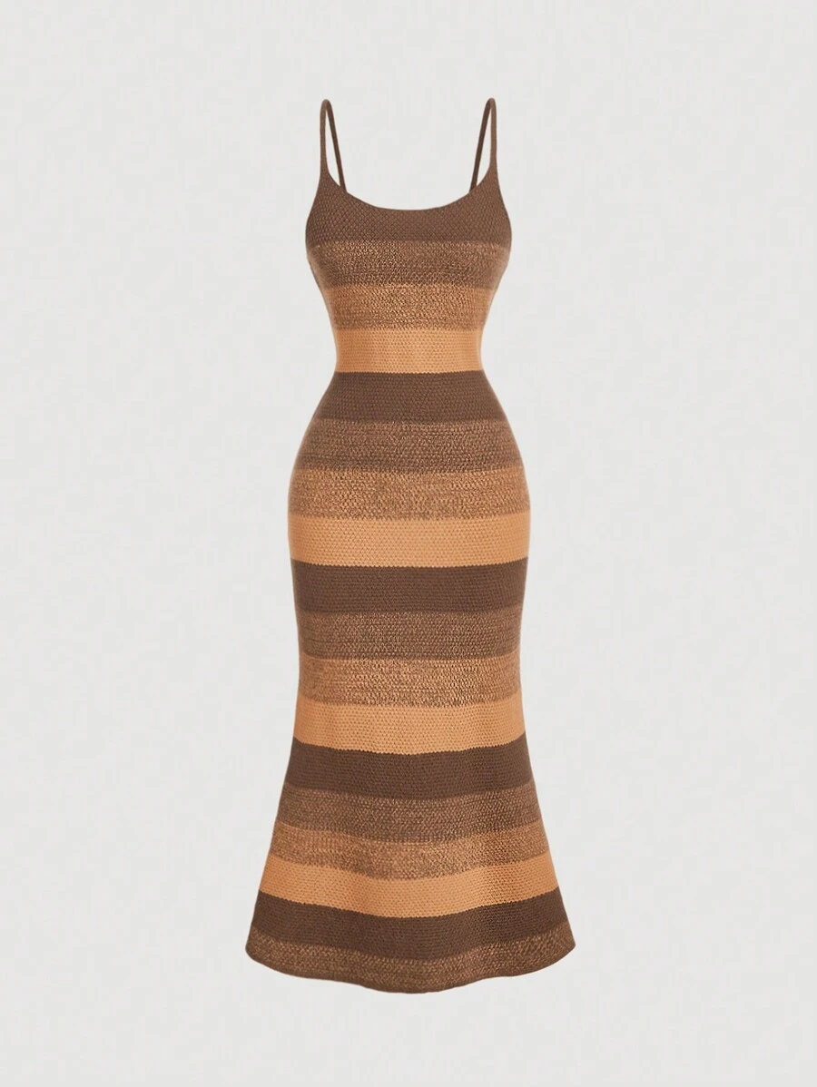 SHEIN MOD Vestido sudadera casual con rayas en tonos de la tierra, bajo con abertura, para mujer. Vestido de punto de otoño/invierno, Año Nuevo, vestidos de punto, térmica, sport elegante, fiesta