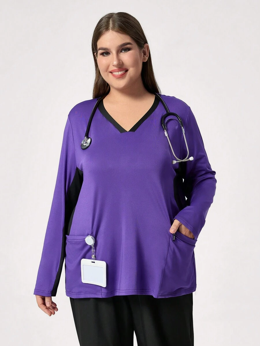 TaskEZ 1pc Plus Size Color Block Trim V-Neck Pocket Long Sleeve Nursing Top Scrub Uniform Top