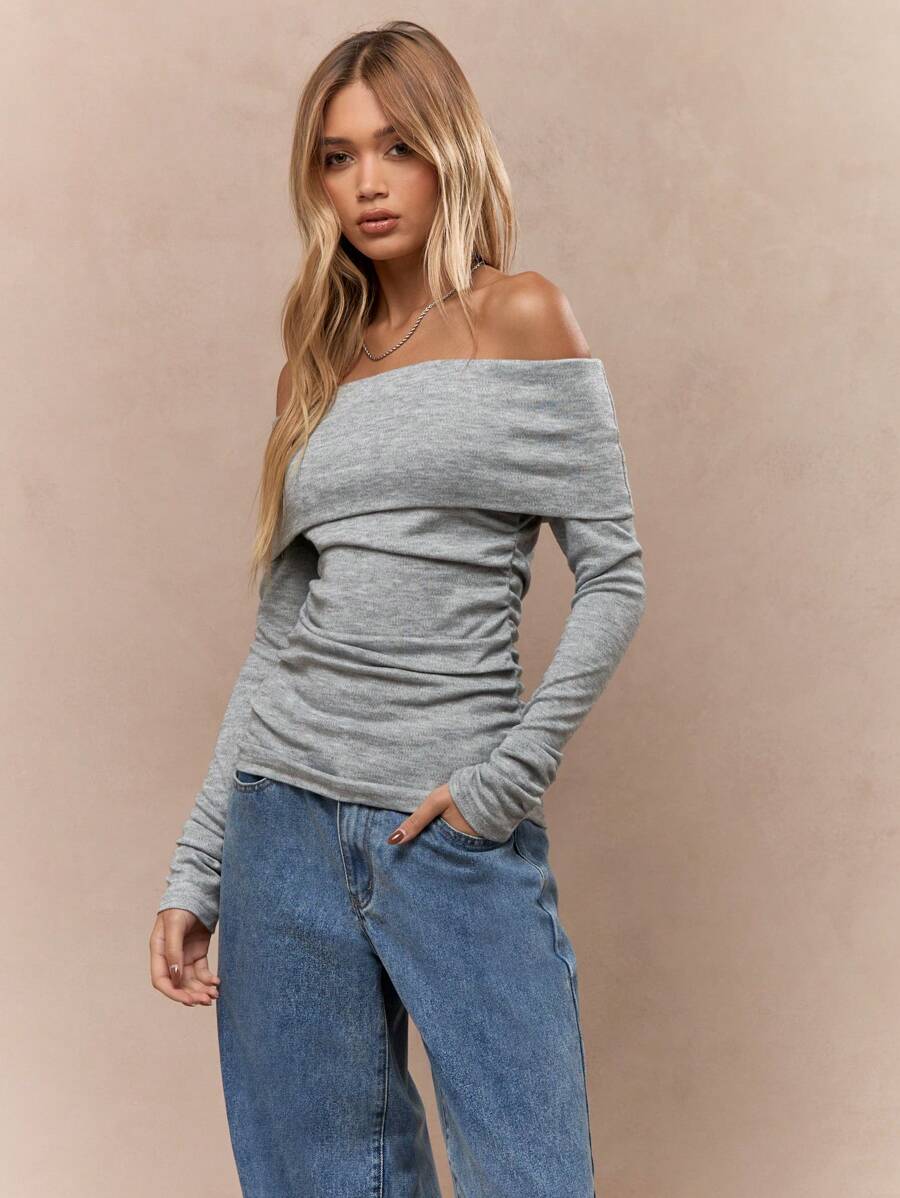 MISSGUIDED Off Shoulder Long Sleeve Ruched Sweater Top Winter Fall Casual Pullover Folded Neckline Slim Fit Cozy Knit Blouse Evening Streetwear