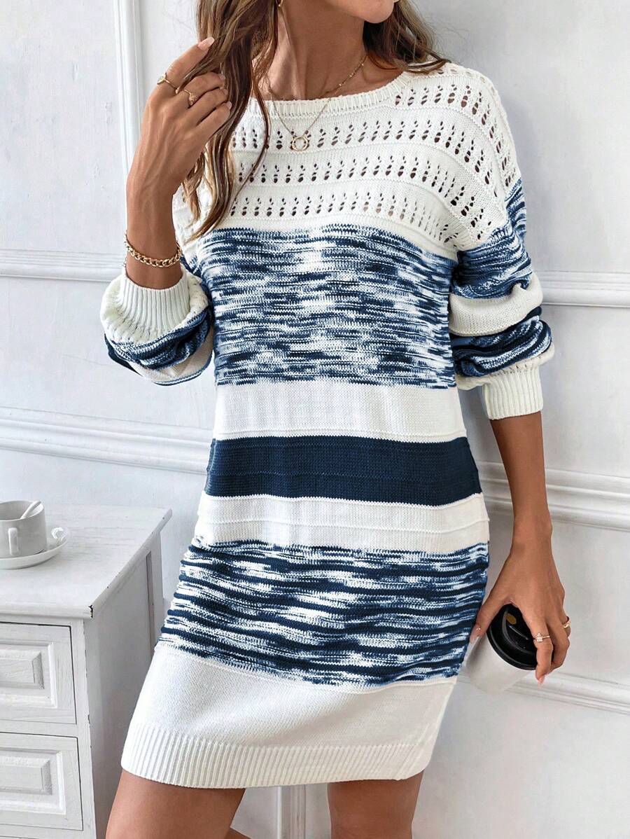 SHEIN LUNE Vrouwen ronde hals lange mouw effen kleur patchwork casual cropped trui jurk