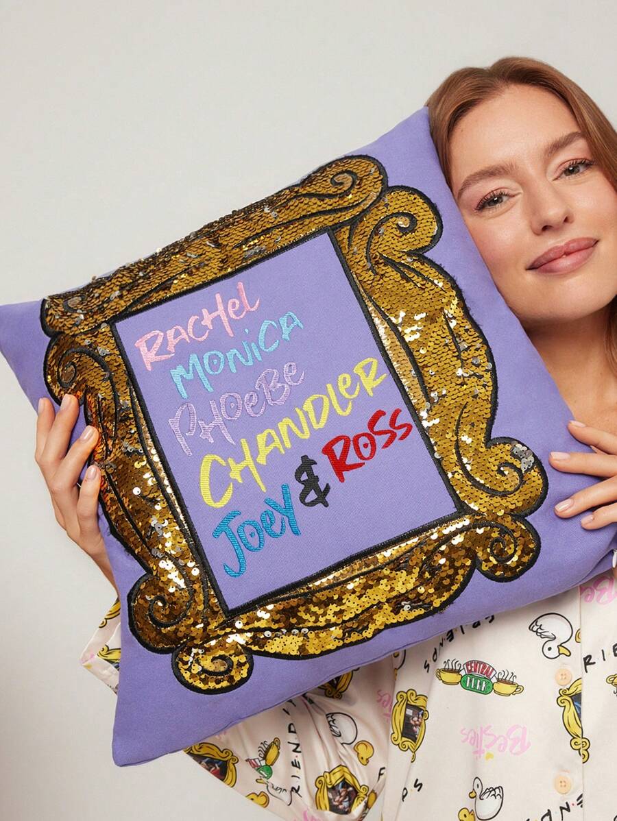 FRIENDS X SHEIN Taie d'oreiller décorative avec impression de lettre à paillettes réversibles, cadre, idéal pour les cadeaux