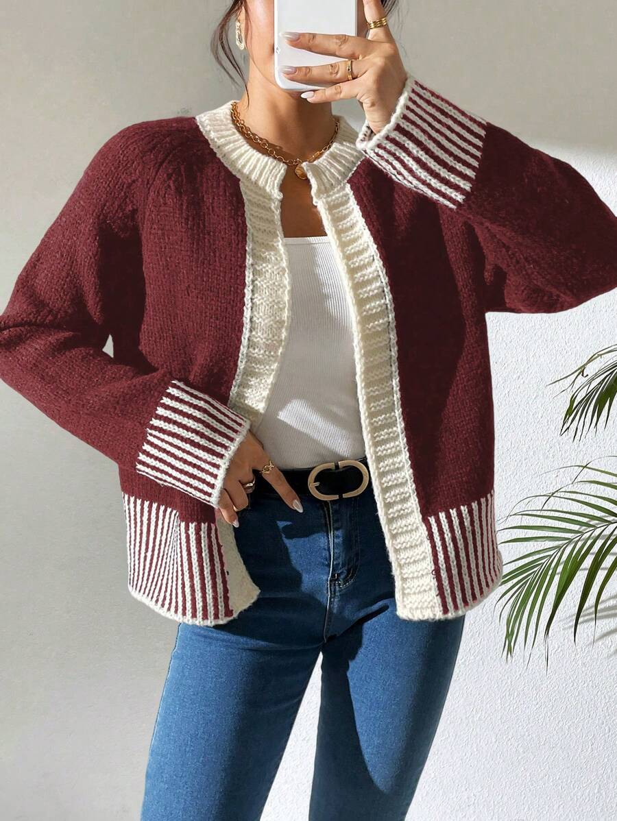 Calvaya 1pc French Style Versatile Black & White Stripe Knitted Cardigan