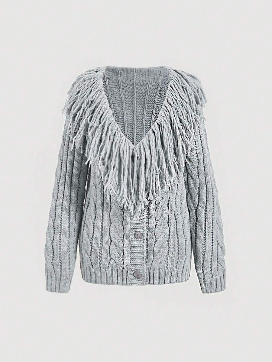 SHEIN MOD Long Sleeve Buttoned Cardigan With Furry Collar And Cable Pattern In Grey,Oversized Sweater,Ugly New Year Sweater, Festival Sweater,Women Cardigans,Fuzzy Sweater