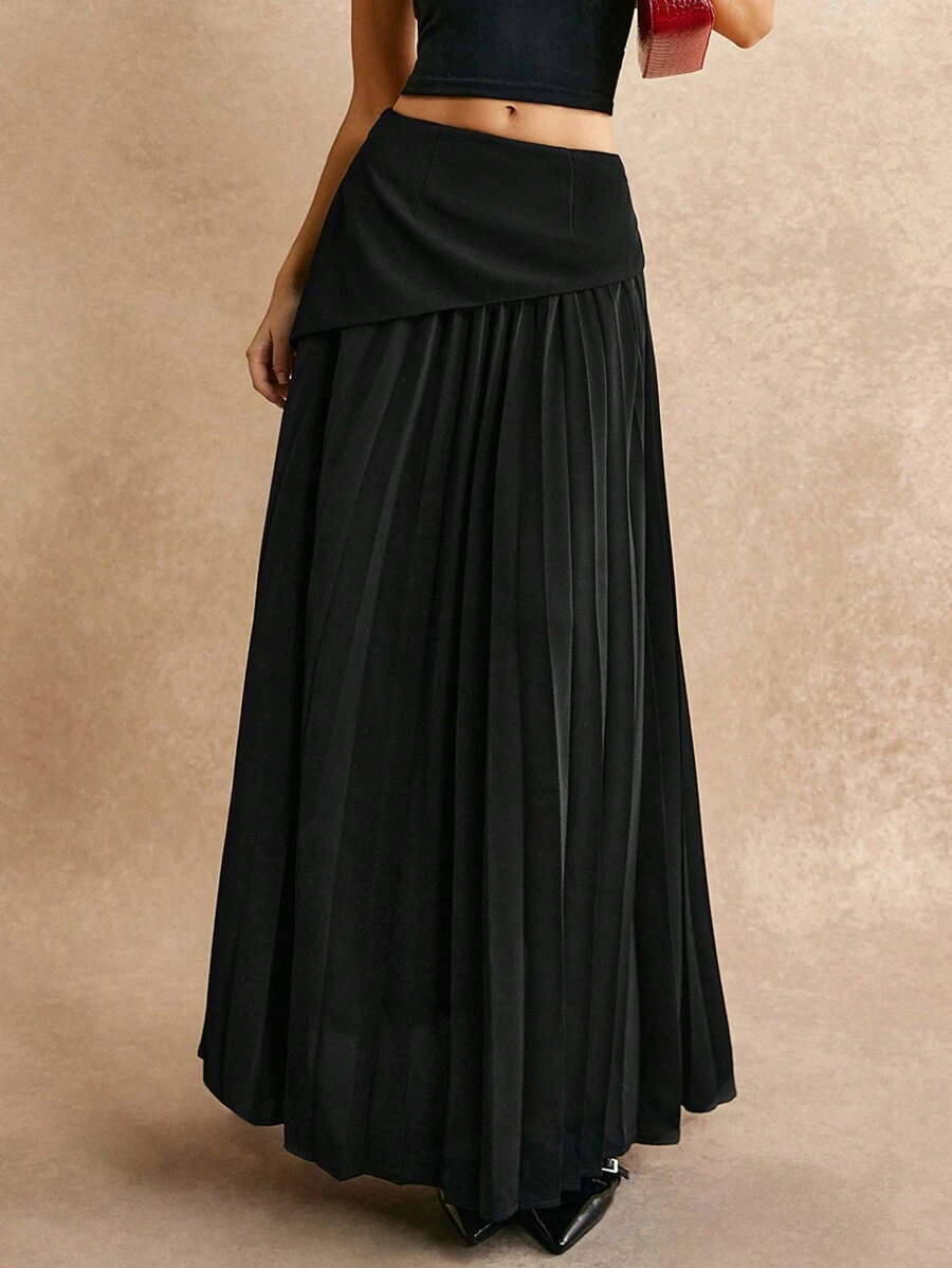 Poéselle Black Asymmetric Elegant Pleated Effortless Chic A-Line Skirt, Elegant And Charming, French Semi Skirt, Cottage Core, Black Elegant Pleated Effortless Chic Essential, FW24, Fall Women's Clothing