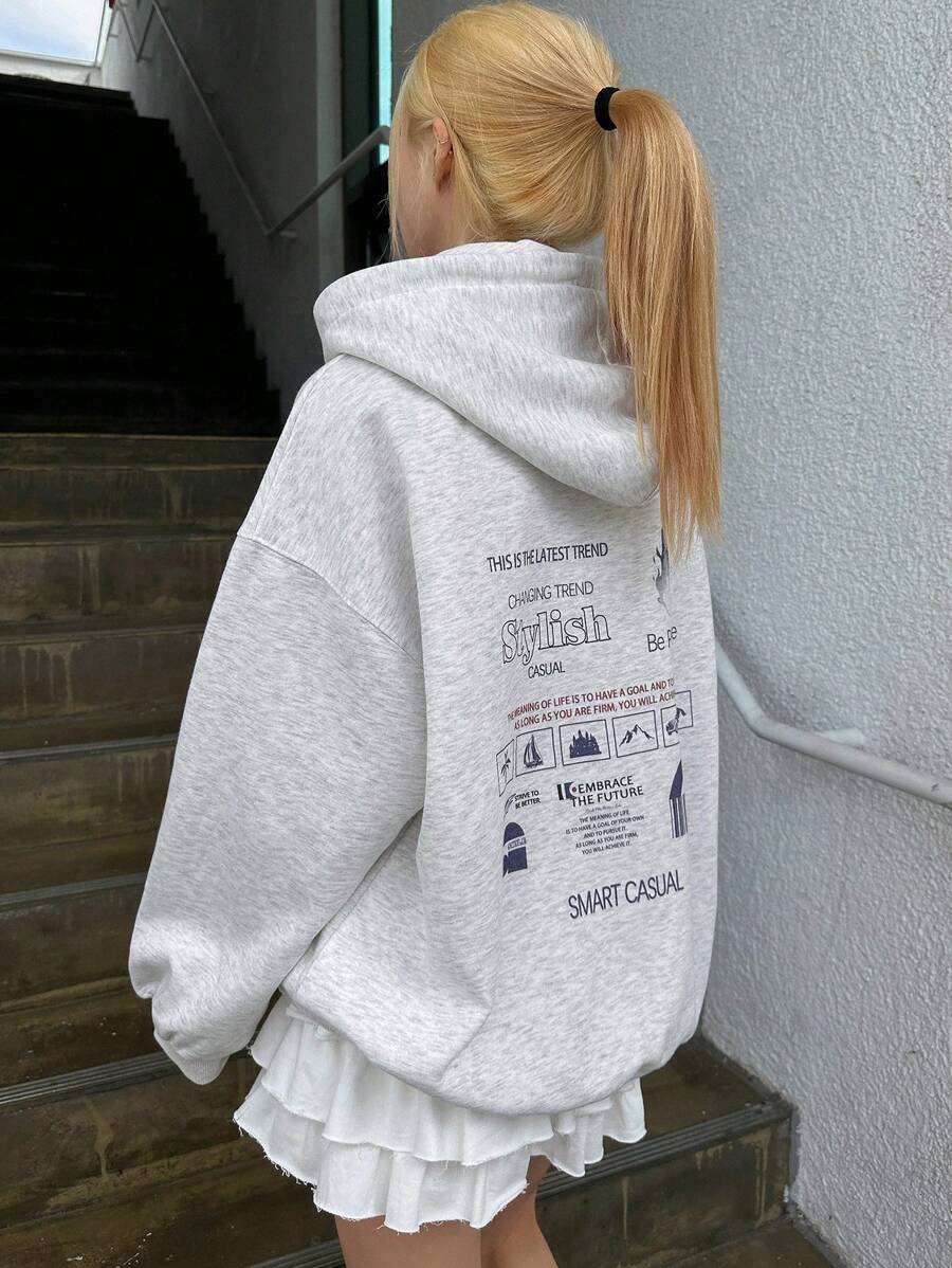 DAZY Slogan Graphic Drop Shoulder Drawstring Hoodie,Long Sleeve Tops