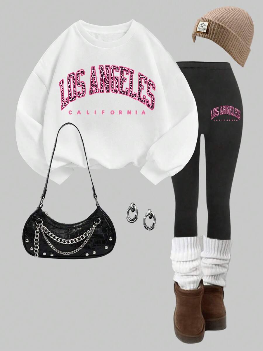 SHEIN Tween Girl 2pcs/Set Leopard & Letter Print Thick Long Sleeve Sweatshirt And Pants Casual Outfit, Clothes Suitable For Autumn & Winter