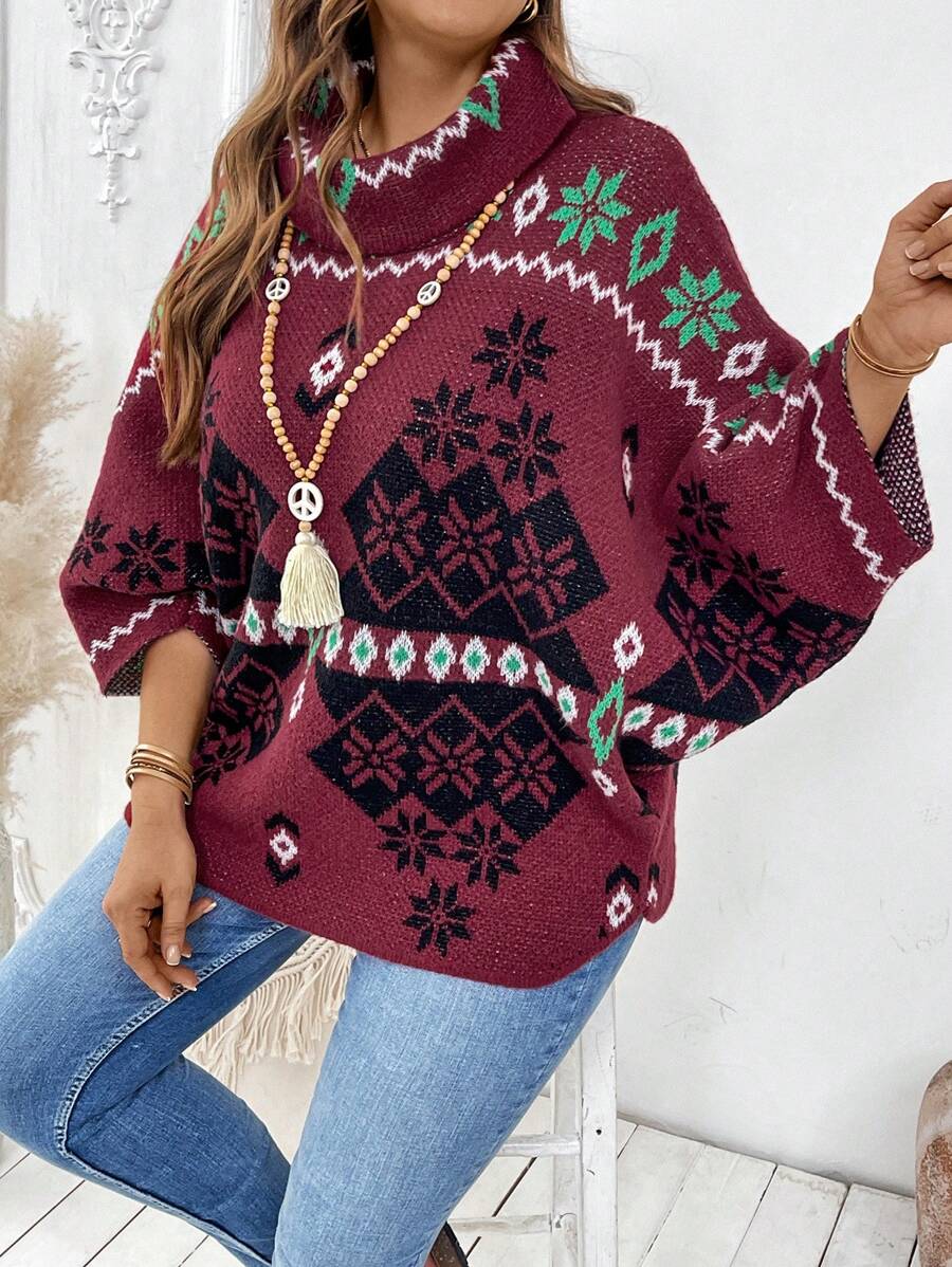 Plus Size Crew Neck Pattern Detail Minimalist Casual Pullover Sweater
