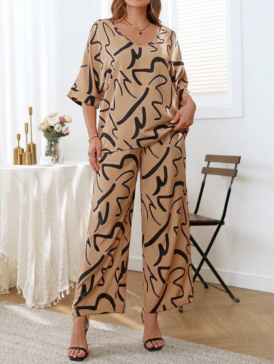 INAWLY 2pcs Plus Size Women Summer Striped Print V-Neck Batwing Blouse And High Waist Drawstring Pants Casual Set